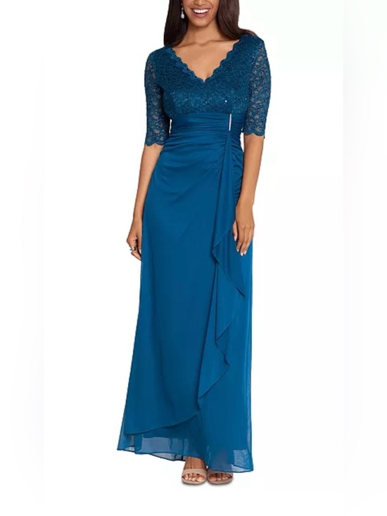 Betsy & Adam Dresses & Skirts - B&A by Betsy & Adam SZ 6-Petite Peacock Lace Ruched V-Neck 3/4 Sleeve Long Gown
